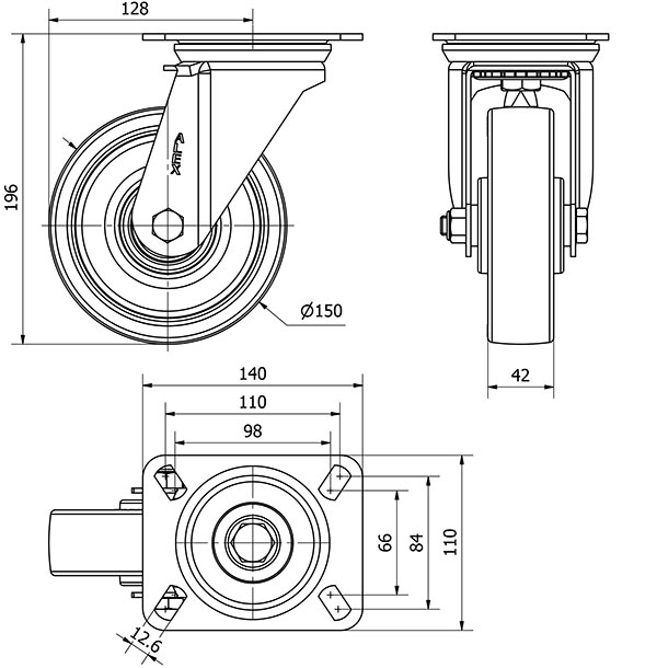 R.GIR.PLACA 10ZV150-POB NYLON BLANCO-POLIUR.ROJO EJE BOLAS