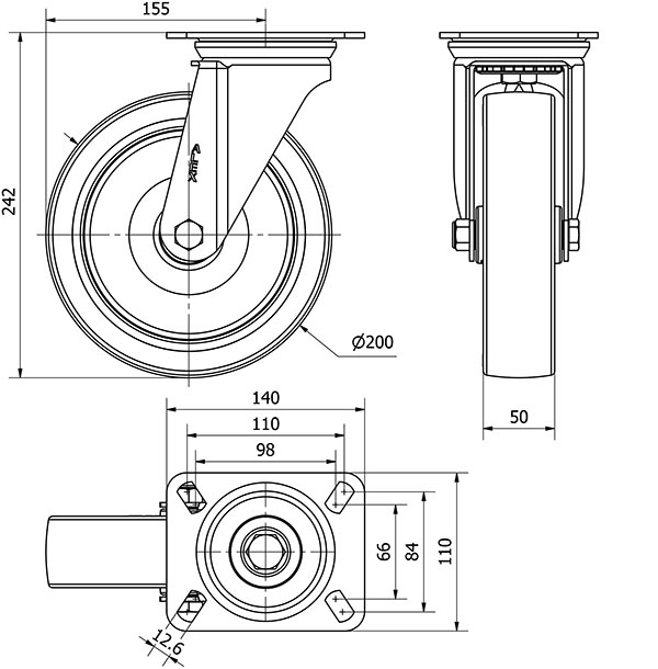 R.GIR.PLACA 10ZV200-PO NYLON BLANCO-POLIUR.ROJO EJE LISO