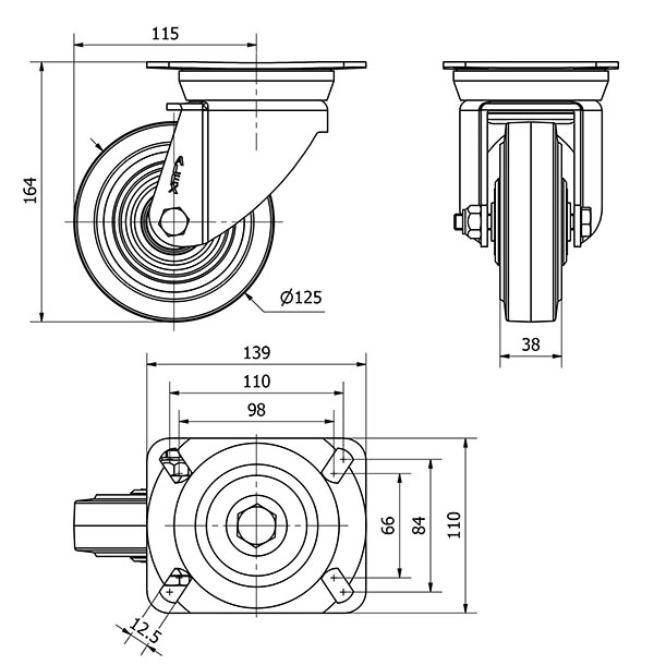 R.GIR.PLACA 10TV125-HGB HIERRO-GOMA NEGRA NATURAL EJE BOLAS