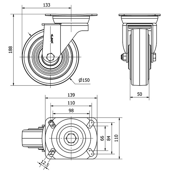 R.GIR.PLACA 10TV150-HGB HIERRO-GOMA NEGRA NATURAL EJE BOLAS
