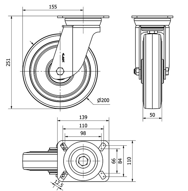 R.GIR.PLACA 10TV200-HGB HIERRO-GOMA NEGRA NATURAL EJE BOLAS