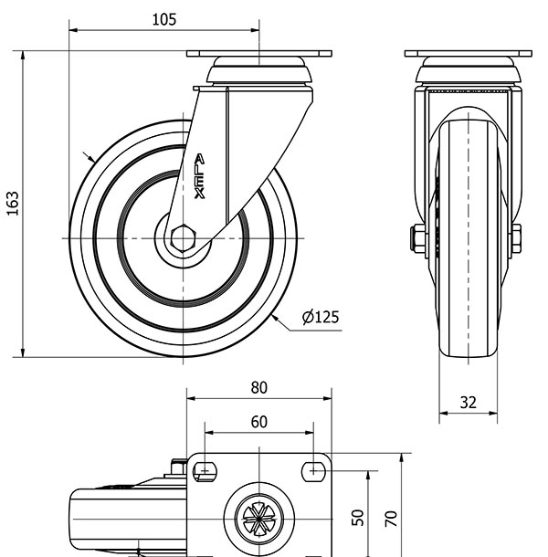 R.GIR.PLACA 10BHA125CP-PGASB POLIAMIX-GOMA GRIS EJE BOLAS