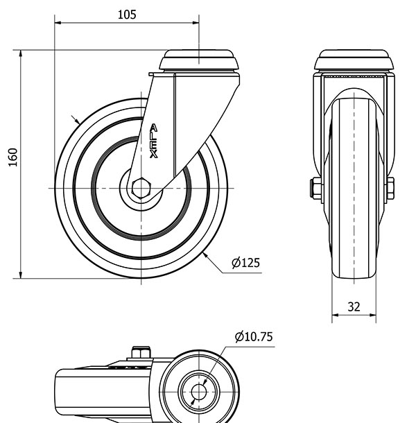 R.GIR.AGUJERO M10 20BHA125CP-PGASB POLIAMIX-GOMA GRIS EJE BOLAS