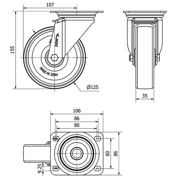 R.GIR.PLACA 10ZV125-UTR POLIAMIX BLANCO EJE RODILLOS
