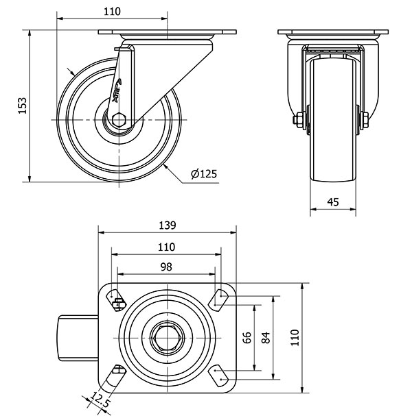 R.GIR.PLACA 10TVC125-TP POLIAMIX BLANCO EJE LISO
