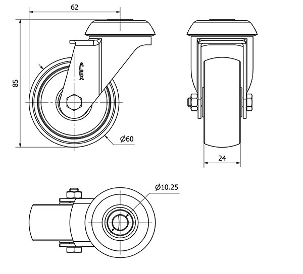 R.GIR.AGUJERO M10 20BH60-BPC POLICARBONATO TRANSP. EJE LISO