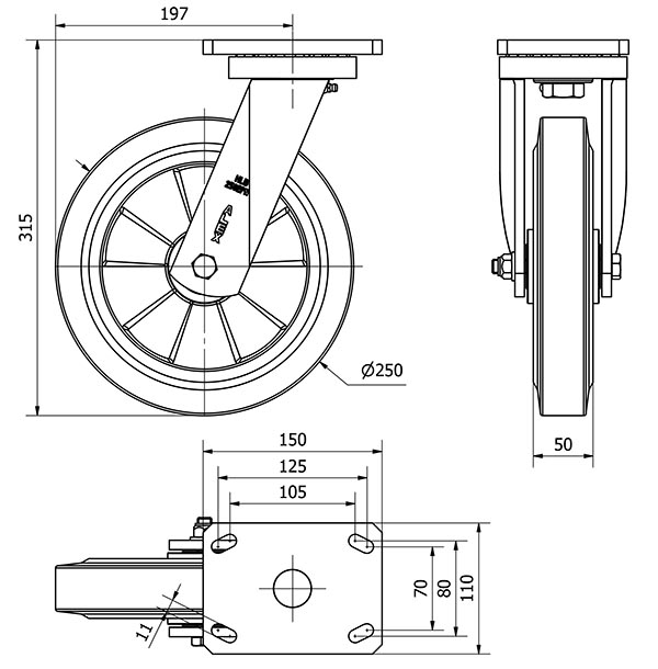 R.GIR.PLACA 10HLB250E-DEB ALUMINIO-GOMA NEGRA ELASTICA EJE BOLAS