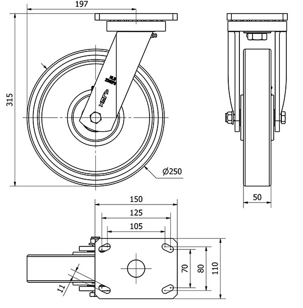 R.GIR.PLACA 10HLB250E-HUB HIERRO-POLIUR.NARANJA EJE BOLAS