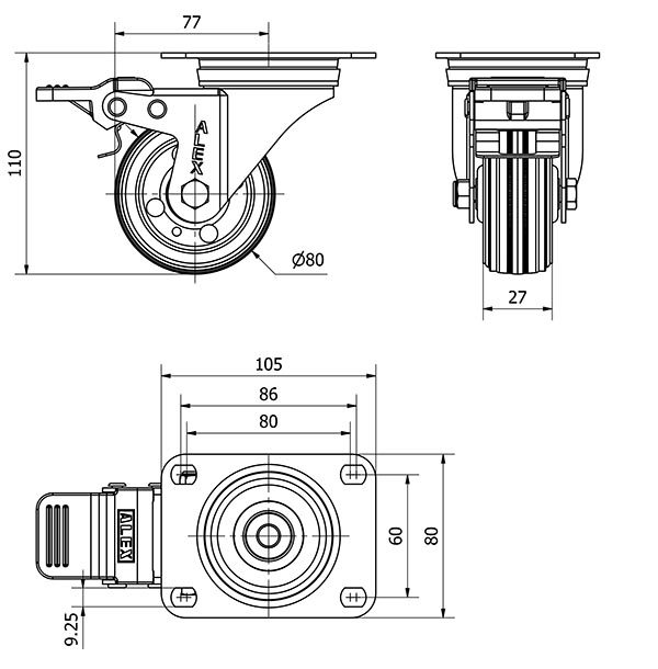 R.GIR.PLACA FRENO 10ZVLFD80-BSR METALICO-GOMA NEGRA EJE RODILLOS