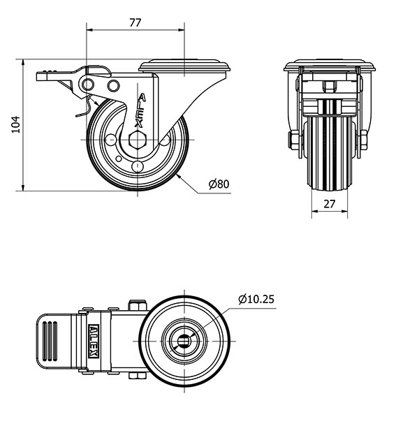 R.GIR.AGUJERO M10 FRENO 20ZVLFD80-BSR METALICO-GOMA NEGRA RODILLOS
