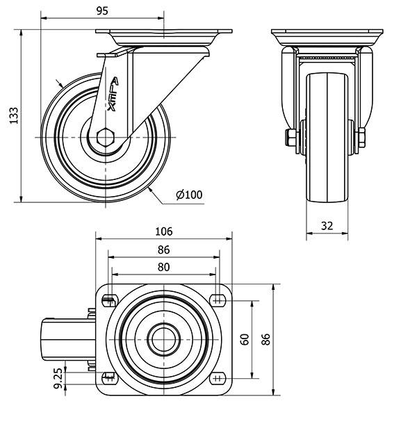R.GIR.PLACA 10ZV100-PO NYLON BLANCO-POLIUR.ROJO EJE LISO