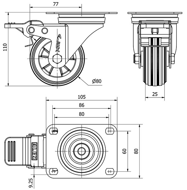 R.GIR.PLACA FRENO INOX.10ZVLIFD80-PSN POLIAMIX-GOMA NEGRA EJE LISO