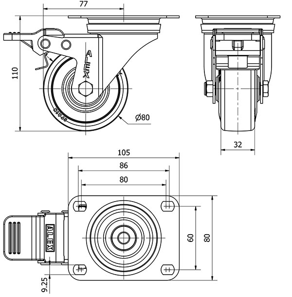 R.GIR.PLACA FRENO INOX.10ZVLIFD80-PGAN POLIAMIX-GOMA GRIS EJE LISO