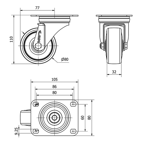 R.GIR.PLACA 10ZVL80-PGAN POLIAMIX-GOMA GRIS EJE LISO