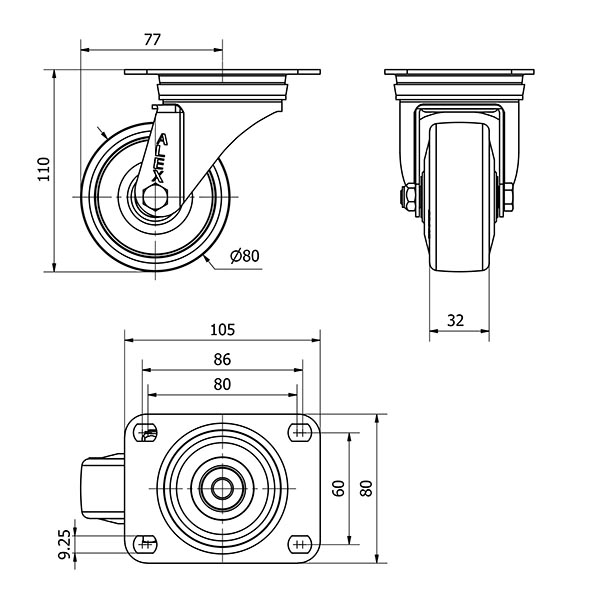 R.GIR.PLACA 10ZVL80CP-PGASB POLIAMIX-GOMA GRIS EJE BOLAS