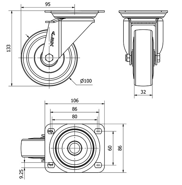 R.GIR.PLACA 10ZV100-PGAN POLIAMIX-GOMA GRIS EJE LISO
