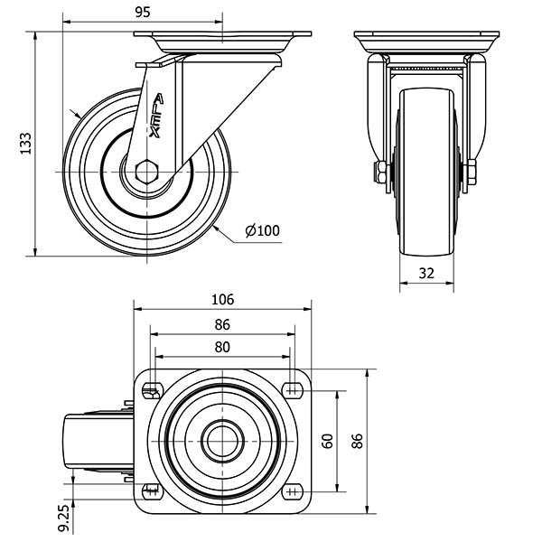 R.GIR.PLACA 10ZV100CP-PGASB POLIAMIX-GOMA GRIS EJE BOLAS