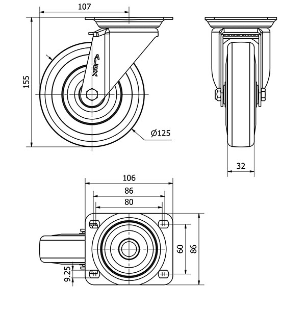 R.GIR.PLACA 10ZV125-PGAN POLIAMIX-GOMA GRIS EJE LISO