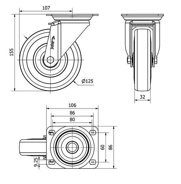 R.GIR.PLACA 10ZV125CP-PGASB POLIAMIX-GOMA GRIS EJE BOLAS