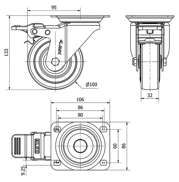 R.GIR.PLACA FRENO 10ZVFD100-PGAN POLIAMIX-GOMA GRIS EJE LISO