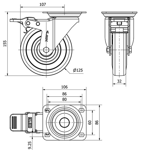 R.GIR.PLACA FRENO 10ZVFD125CP-PGASB POLIAMIX-GOMA GRIS EJE BOLAS