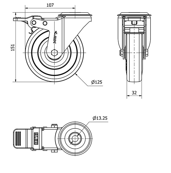 R.GIR.AGUJERO M12 FRENO 20ZVFD125-PGAN POLIAMIX-GOMA GRIS EJE LISO