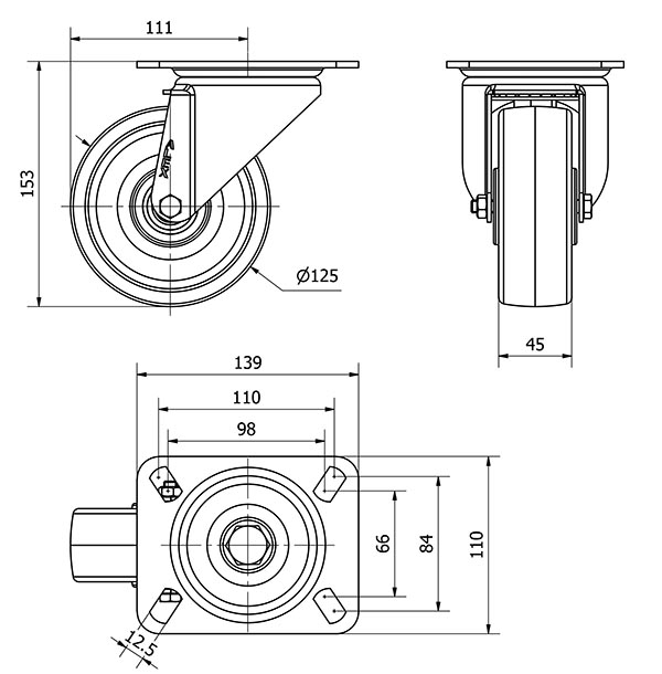 R.GIR.PLACA 10TVC125-TNB NYLON BLANCO EJE BOLAS