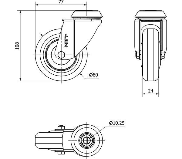 R.GIR.AGUJERO M10 20BH80CP-PPI POLIAMIX-POLIUR.ROJO EJE LISO