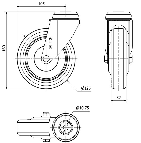 R.GIR.AGUJERO M10 20BHA125CP-PPIA POLIAMIX-POLIUR.ROJO EJE LISO