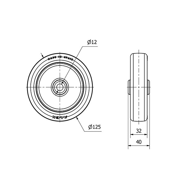 RUEDA POL125-12-40 NUCLEO POLIAMIX BLANCO Y BANDA POLIUR.MARRON LISO
