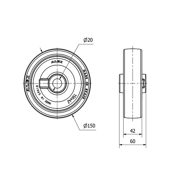 RUEDA POL150-20-60 NUCLEO POLIAMIX BLANCO Y BANDA POLIUR.MARRON LISO