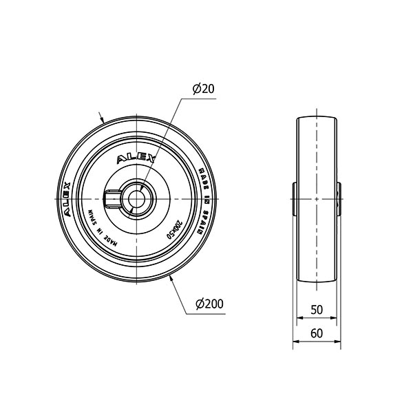 RUEDA POL200-20-60 NUCLEO POLIAMIX BLANCO Y BANDA POLIUR.MARRON LISO