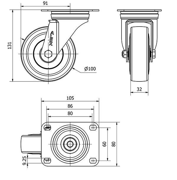 R.GIR.PLACA 10ZVL100CP-PGASB POLIAMIX-GOMA GRIS EJE BOLAS