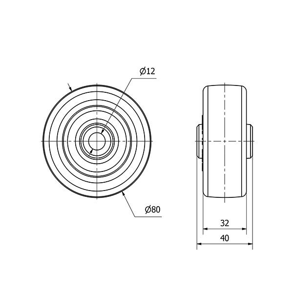 RUEDA POL80-12-40 NUCLEO POLIAMIX BLANCO Y BANDA POLIUR.MARRON LISO