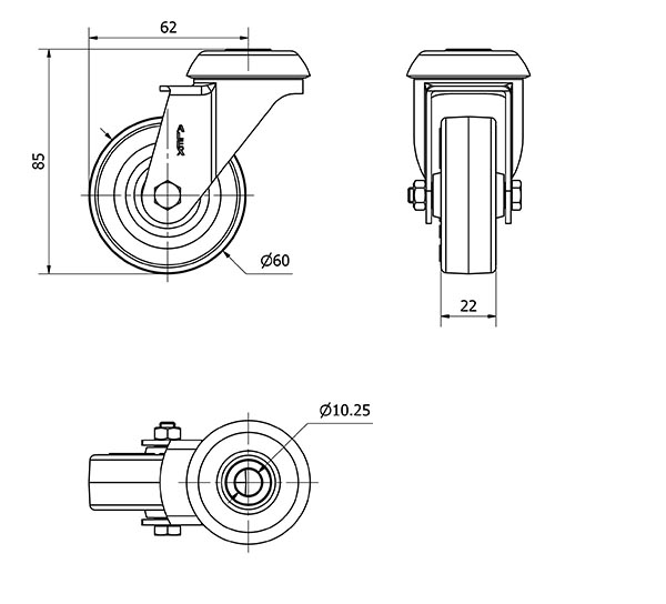 R.GIR.AGUJERO M10 20BH60CP-PPIA POLIAMIX-POLIUR.ROJO EJE LISO