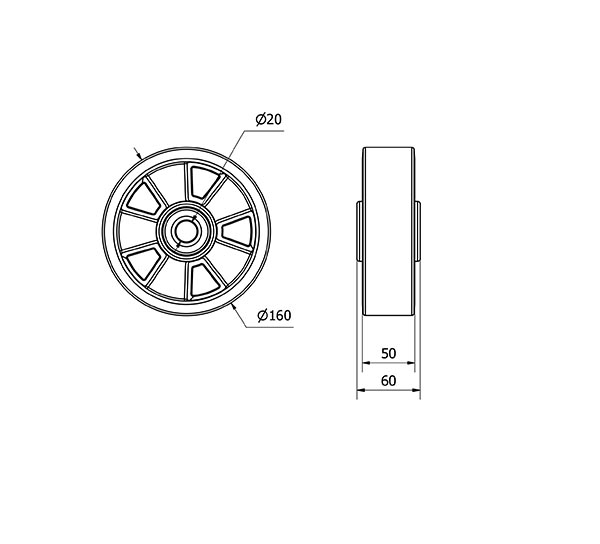 RUEDA AUB160-20-60 NUCLEO ALUMINIO Y BANDA POLIUR.NARANJA EJE BOLAS