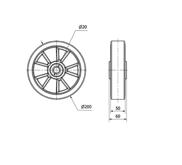 RUEDA AUB200-20-60 NUCLEO ALUMINIO Y BANDA POLIUR.NARANJA EJE BOLAS