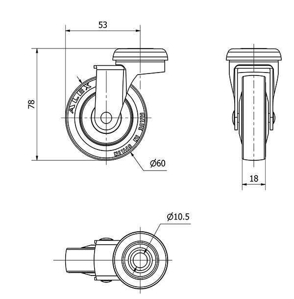 R.GIR.AGUJERO M10 21BSR60CP-PPI POLIAMIX-POLIUR.ROJO EJE LISO