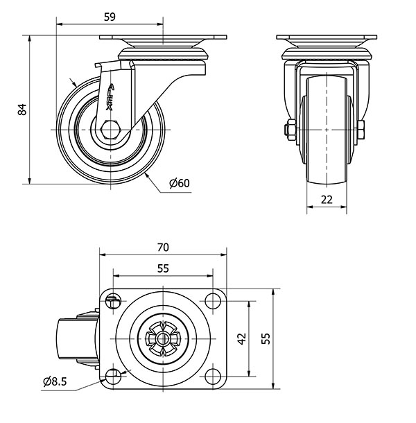 R.GIR.PLACA INOX.10ZI60-PPIA POLIAMIX-POLIUR.ROJO EJE LISO