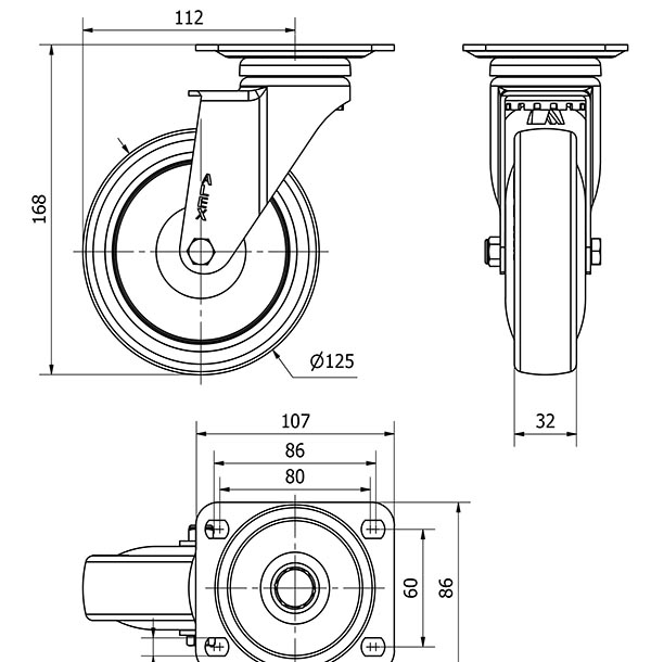R.GIR.PLACA CROMADA 10A125CP-PGAISB GOMA GRIS EJE BOLAS