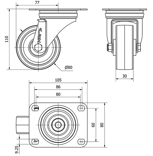 R.GIR.PLACA INOX.10ZVLI80-FT NYLON BLANCO EXTRAFUERTE EJE LISO