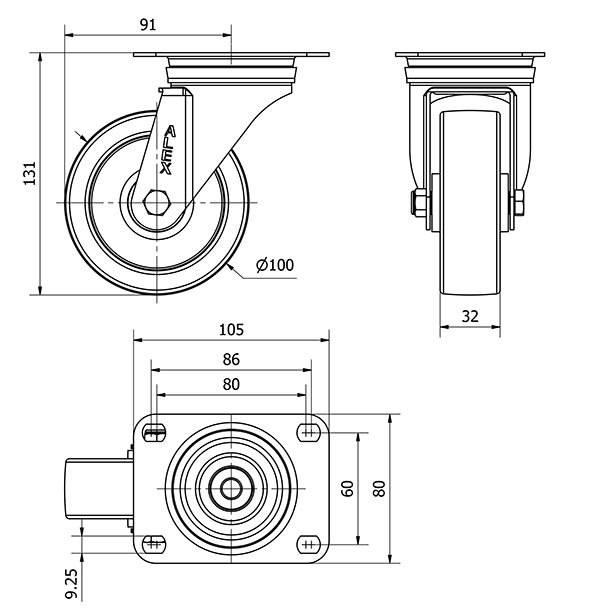 R.GIR.PLACA INOX.10ZVLI100-FT NYLON BLANCO EXTRAFUERTE EJE LISO