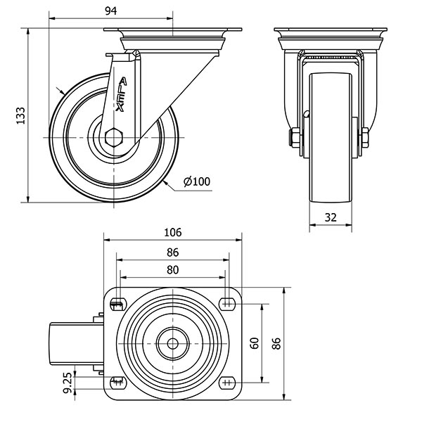 R.GIR.PLACA INOX.10ZVI100-FT NYLON BLANCO EXTRAFUERTE EJE LISO