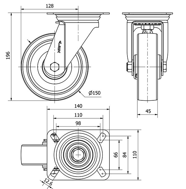 R.GIR.PLACA INOX.10ZVI150-FT NYLON BLANCO EXTRAFUERTE EJE LISO