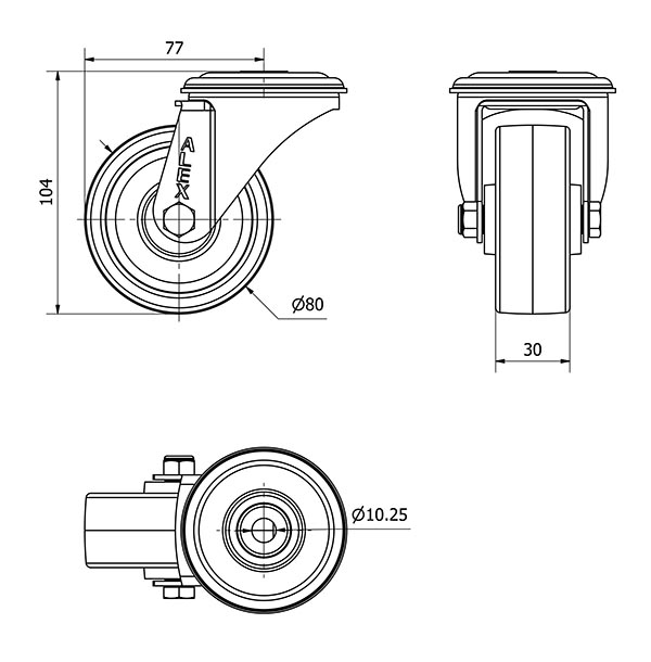 R.GIR.AGUJERO M10 INOX.20ZVLI80-FT NYLON BLANCO EXTRAFUERTE EJE LISO