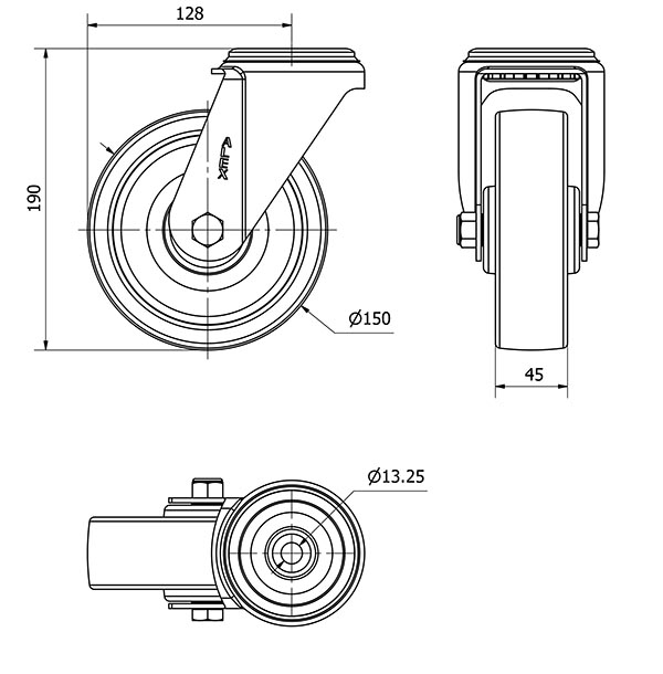 R.GIR.AGUJERO M12 INOX.20ZVI150-FT NYLON BLANCO EXTRAFUERTE EJE LISO