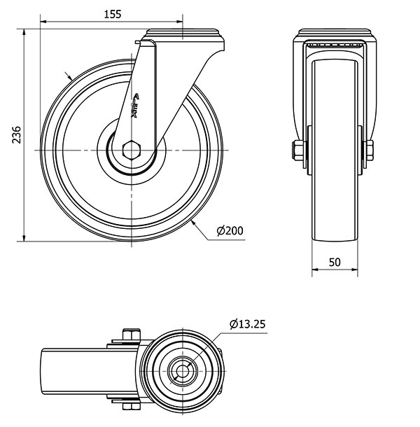 R.GIR.AGUJERO M12 INOX.20ZVI200-FT NYLON BLANCO EXTRAFUERTE EJE LISO