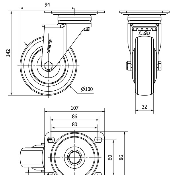 R.GIR.PLACA CROMADA 10A100CP-PGAISB GOMA GRIS EJE BOLAS