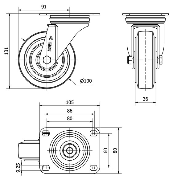 R.GIR.PLACA 10ZVL100-PGMR POLIAMIX-GOMA AZUL EJE RODILLOS
