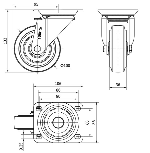 R.GIR.PLACA 10ZV100-PGMR POLIAMIX-GOMA AZUL EJE RODILLOS
